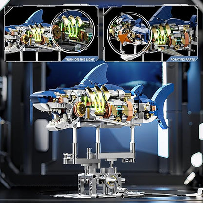 687-PCS Mechanical Shark Building Set with LED Light Movable Linkage Gears Display Stand - Ocean Building Block Toy for Adults Teens Kids Age 12+