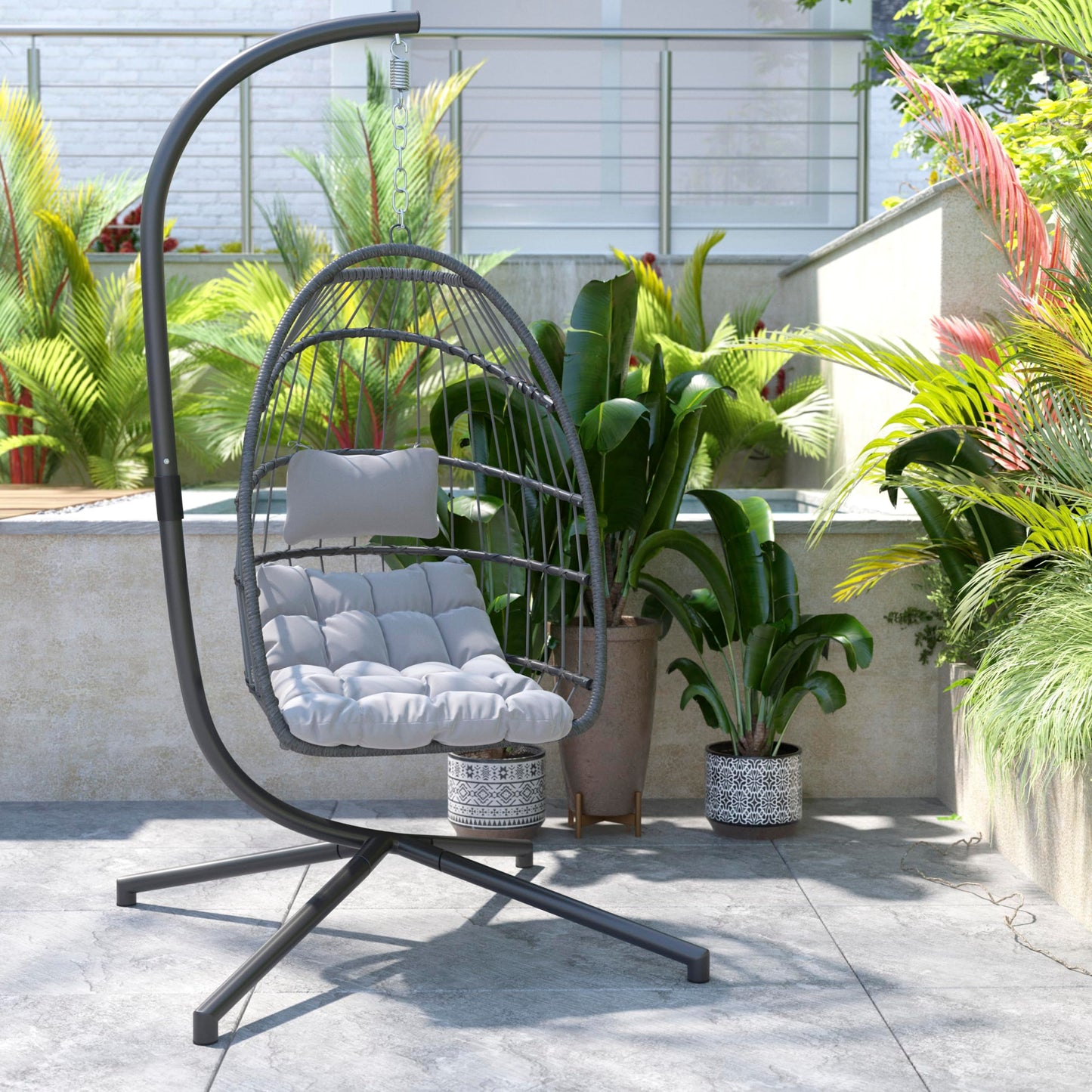 Flash Furniture Cleo Indoor/Outdoor Patio Hanging Egg Chair - Gray Frame with Gray Seat Cushions - Black Powder Coated C-Style Stand - Hanging Hardware Included