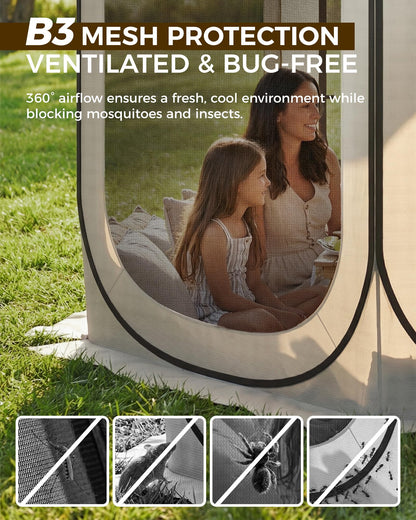 Mars Explo 12x12 FT Pop-Up Screen Tent, Portable Screen Room Canopy with Zipper Doors for Patio, Backyard, Deck & Outdoor Activities, Beige