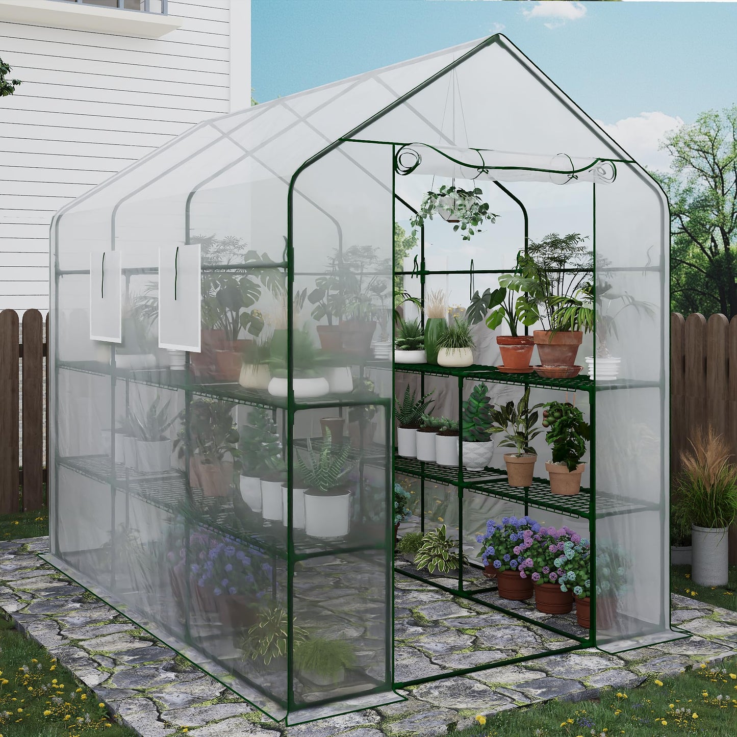 Greenhouse, 57 x 85 x 77'' Greenhouses for Outdoors, with Mesh Side Windows, PE Cover, 8 Shelves, Heavy Duty Walk in Green House for Backyard Garden Indoor, White& Green Outside