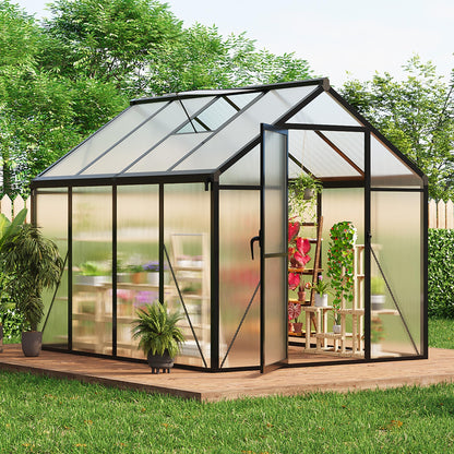 GarveeLife 6x8 FT Greenhouse for Outdoors, Polycarbonate Greenhouse with Roof Vent, Ground Nails, Lockable Push Door, Aluminum Large Walk-in Green House for Outside Garden Backyard, Patio, Lawn, Black