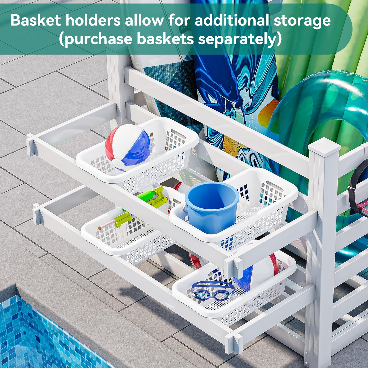 YITAHOME Pool Storage Bins with Towel Rack & 6 Moveable Hooks, Large Pool Noodle Holder Organizer, Outdoor Waterproof Poolside Float Storage for Goggles, Beach Balls, Floats Equipment