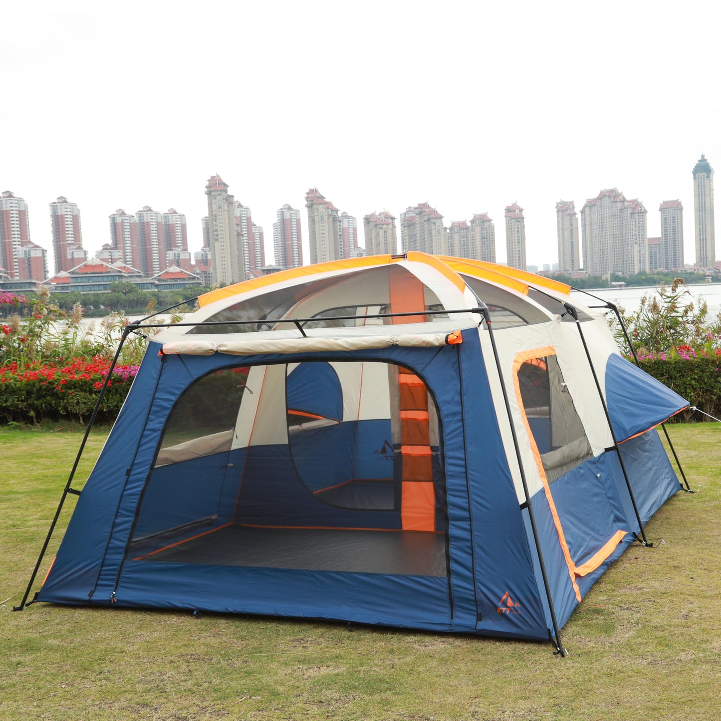 KTT Extra Large Tent 12 Person,Family Cabin Tents,2 Bay-Windows,2 Rooms and 3 Doors 3 Windows with Mesh,Waterproof,Straight Wall,Double Layer,Big Tent for Outdoor,Picnic,Camping(Dark Blue)