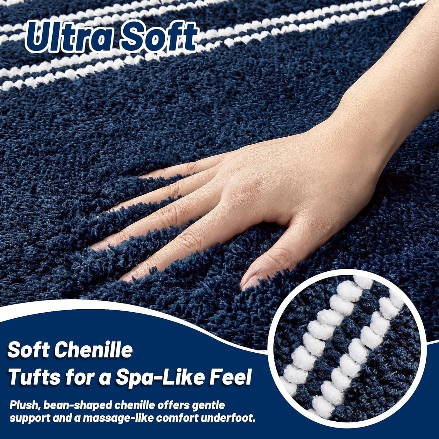 Skiennix Non-Slip Bathroom Rugs - Ultra Soft, Super Absorbent Chenille Mat | 24x17 Navy Quick Dry