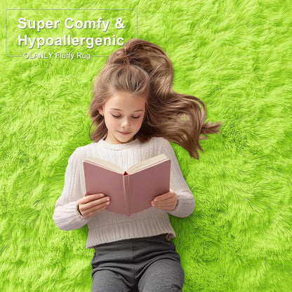 OLANLY 2x6 Machine Washable Runner Rug - Soft Fluffy Shaggy Indoor Carpet for Bedroom & Hallway | Lime Green