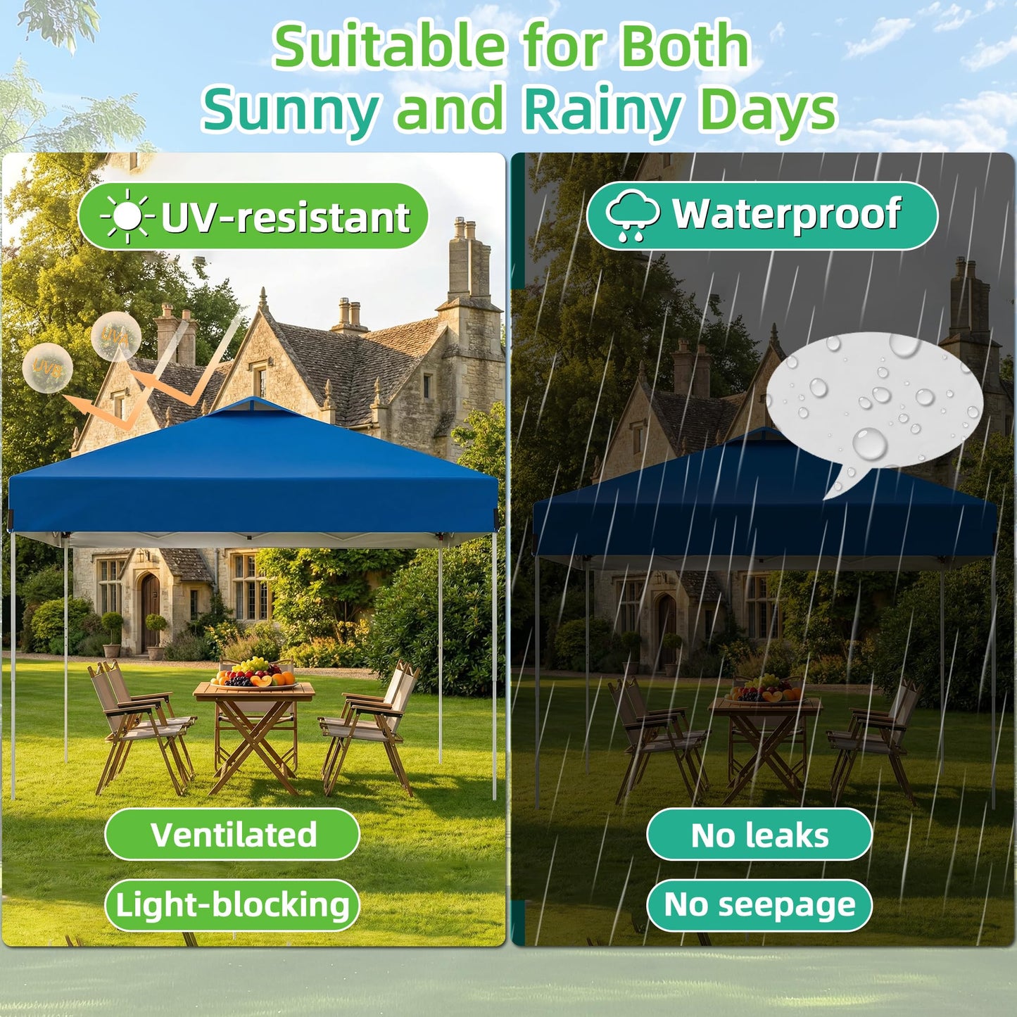 10 x 10FT Blue Pop Up Canopy Tent, Easy Setup Outdoor Portable Gazebos Shelter Sun Shade with Wheeled Carry Bag, Sandbags for Events, Party, BBQ, Backyard, Adjustable Height
