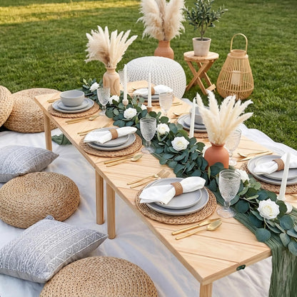 LITURTOO Low Picnic Table Portable, 60" X 30" Boho Picnic Table with Table Runner for Indoor,Outdoor,Camping, Wedding, Beach, Garden, Party(Large Size for 6-8)