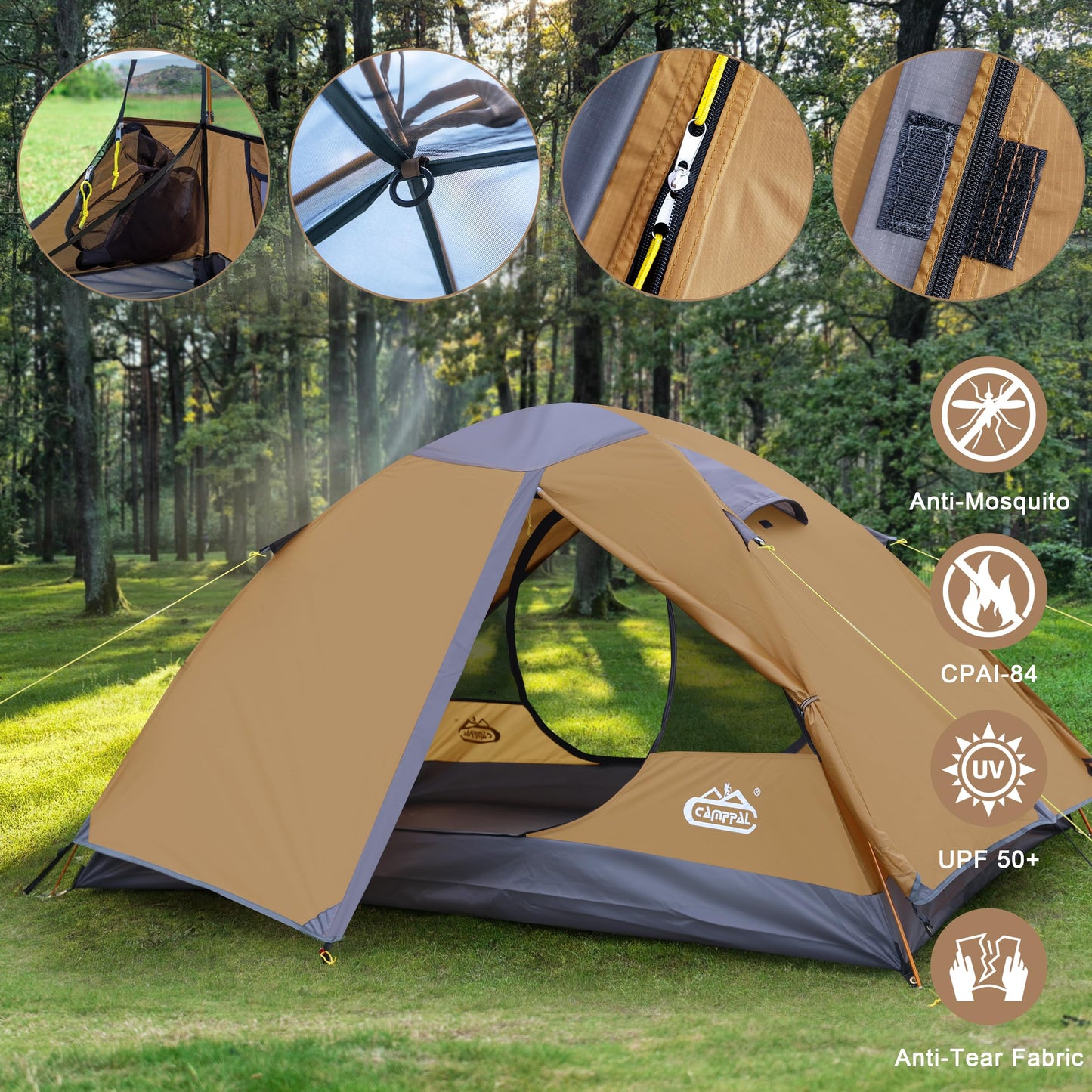 2 Person Backpacking Tent, Waterproof Windproof Two Person Tent, Lightweight Easy Setup 2 Man Tent for Camping, Hiking, Biking, Cycling, Motorbiking, Mountaineering - Khaki