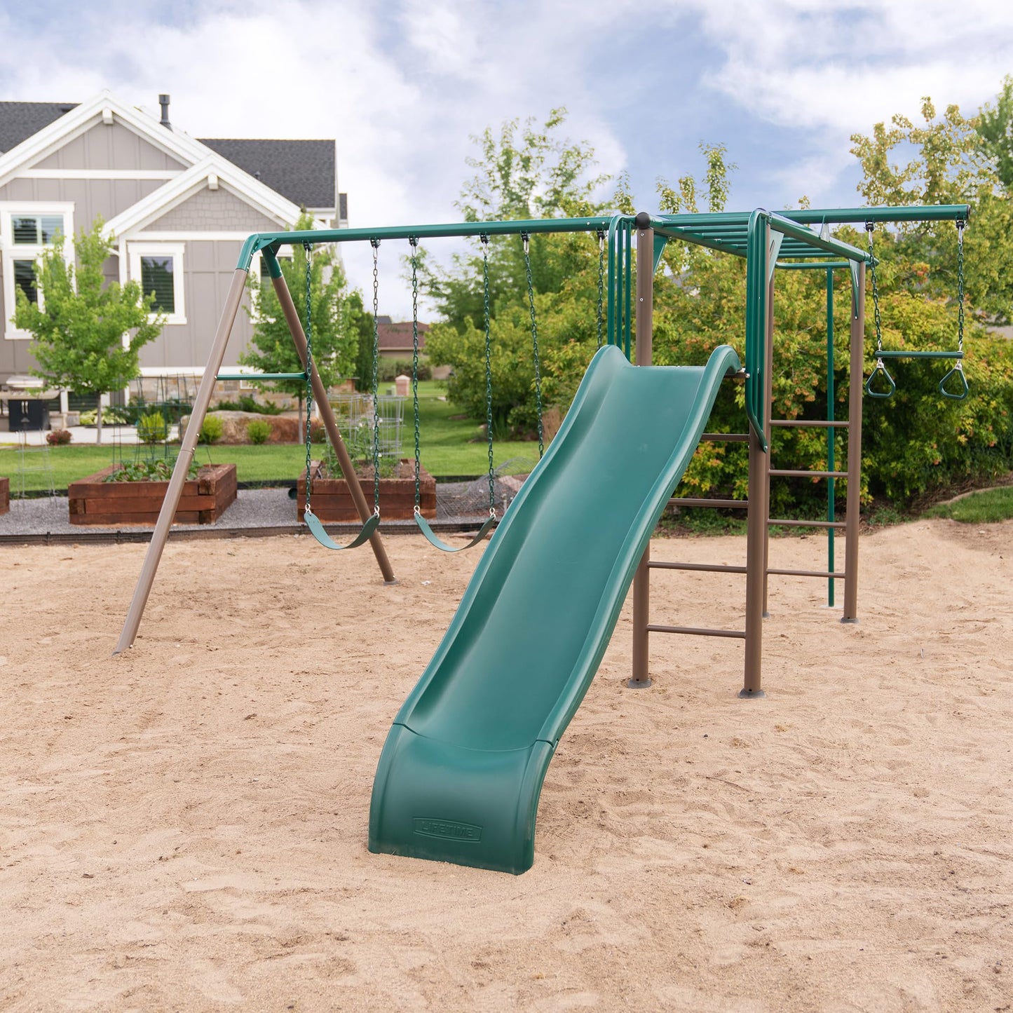 Lifetime Monkey Bar Adventure Swing Set, Outdoor Playset with Monkey Bars, 3 Swings, Trapeze Bar, Slide, Fireman’s Pole, UV‑Resistant Powder‑Coated Steel, Backyard Playground for Kids