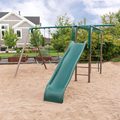 Lifetime Monkey Bar Adventure Swing Set, Outdoor Playset with Monkey Bars, 3 Swings, Trapeze Bar, Slide, Fireman’s Pole, UV‑Resistant Powder‑Coated Steel, Backyard Playground for Kids