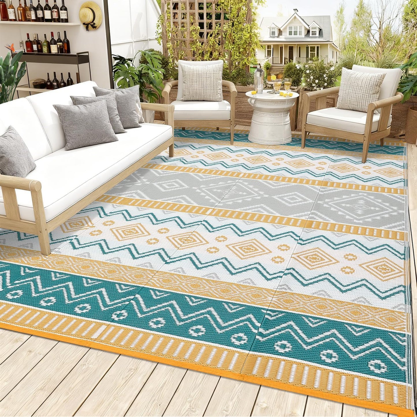 GarveeHome Large Modern Geometric Indoor Outdoor Area Rug 10x14 Black/White, Lightweight Portability Rug for Backyard, Patio, Porch, Easy-Cleaning, Pet-Friendly, Non-Shedding Yellow/Green/Gray/White
