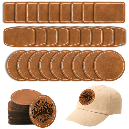 BUVKHMX Faux Leather & Leatherette Hat Patches - 60 Pack Blank Laserable Patches with Adhesive Backing for Customization, Fabric Repair, Sewing & Laser Engraving Supplies (Brown)