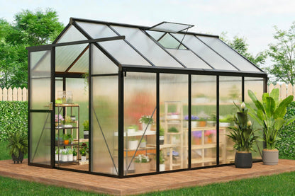 6x10 FT Greenhouse for Outdoors, Polycarbonate Greenhouse with Roof Vent, Ground Nails, Lockable Push Door, Aluminum Large Walk-in Green House for Outside Garden Backyard, Patio, Lawn, Black