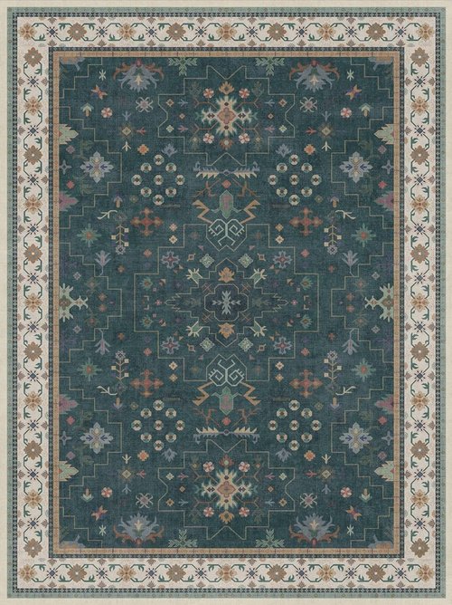 Hazo Haus Dark Green Vintage Living Room Rug - Boho Floral Design, Washable 9x12 Non-Slip Area Rug