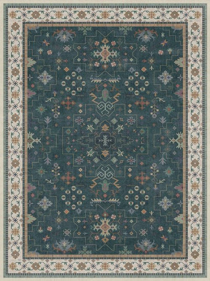 Hazo Haus Dark Green Vintage Living Room Rug - Boho Floral Design, Washable 9x12 Non-Slip Area Rug