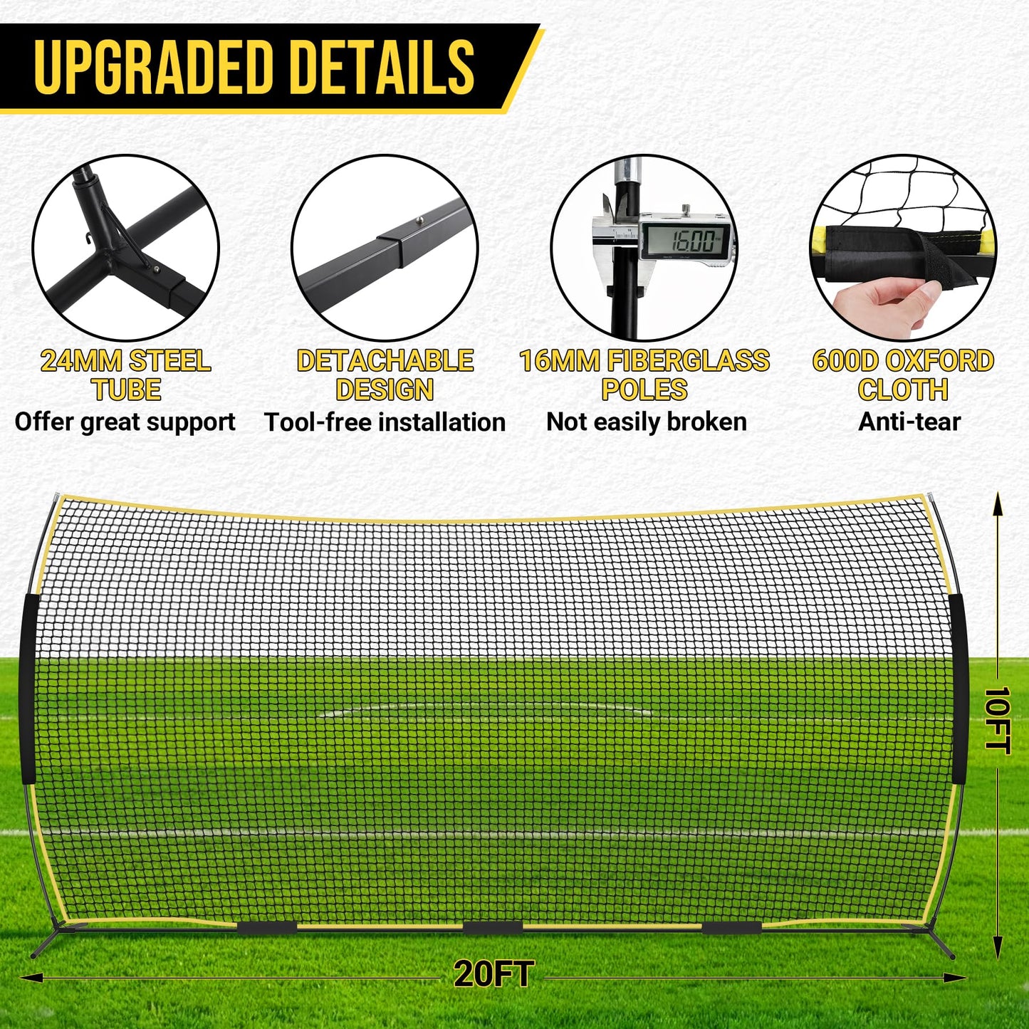 Eastrexon Barricade Backstop Net, 20x10ft Ball Stop Netting with Carry Bag & Ground Stakes, Quick Setup, Portable, Perfect for Lacrosse, Baseball, Basketball, Soccer
