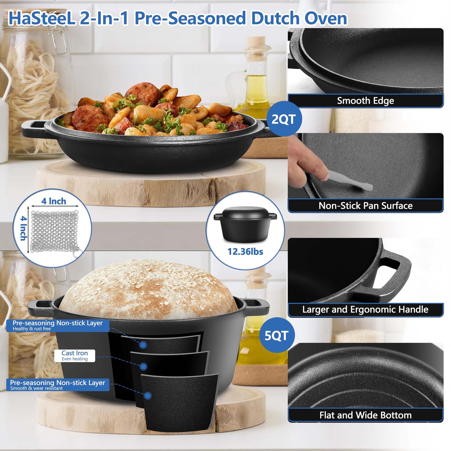 2 in 1 Enameled Cast Iron Dutch Oven, HaSteeL 5 QT Pot & 2 Quart Skillet Lid Pan, Non-Stick Cookware Multi Cooker for Bread Baking Cooking Stewing, Suit for All Cooktops, Dual Handles & Oven Safe,