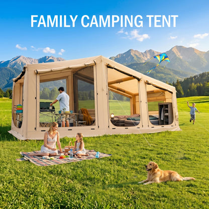 Inflatable Tent for Camping,16.4'x7'x7' Blow Up Tent 8-12 Person,3 Room Tent with Divided Curtain,Hot Tent with Stove Jack, Inflatable House with Pump, Quick Setup Air Glamping Tent for Family Outdoor