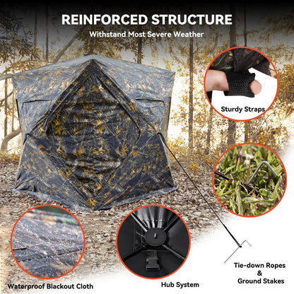 GearOZ Hunting Blind, 270° See Through Ground Blinds Camouflage Waterproof Pop-up Tent for Deer Turkey Duck Bow Hunting, 2-3 Person Portable Concealed Tent Silent Adjustable Windows with Carrying Bag