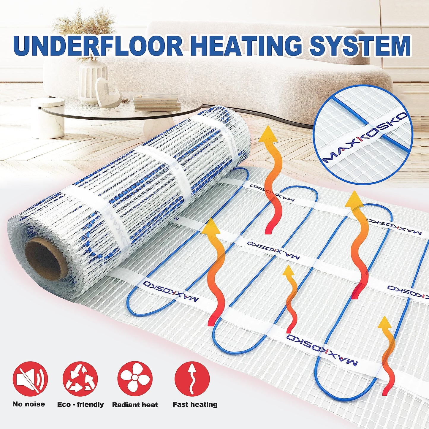 MAXKOSKO 70 sq.ft. Electric Floor Heat Mat Kit, 120 V Underfloor Radiant Heating System for Tile, Stone and Laminate Indoor Use with Alarm Cable Monitor