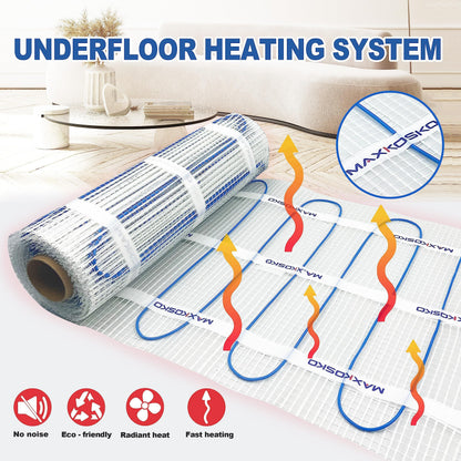 MAXKOSKO 70 sq.ft. Electric Floor Heat Mat Kit, 120 V Underfloor Radiant Heating System for Tile, Stone and Laminate Indoor Use with Alarm Cable Monitor