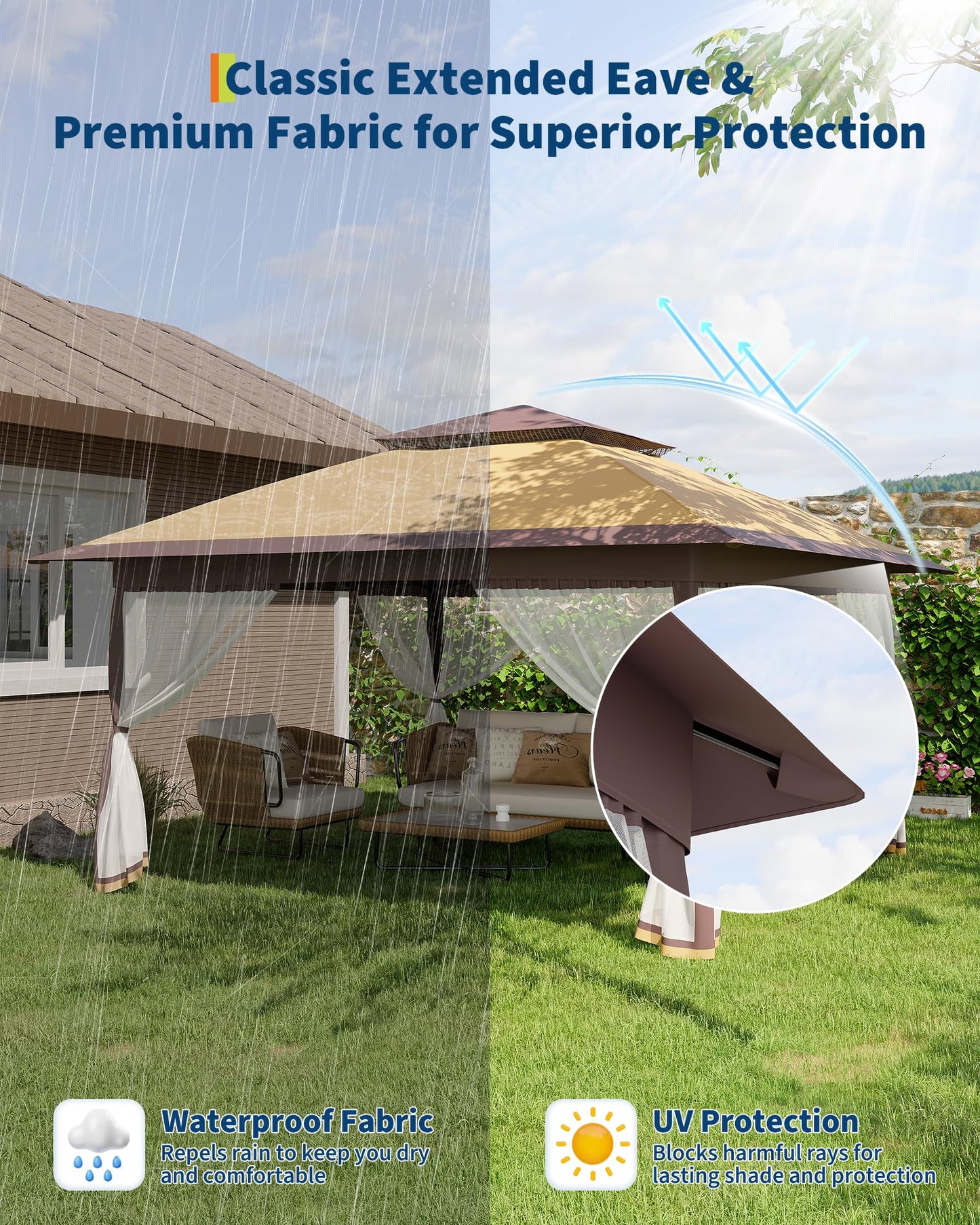 Garvee 12x12FT Pop Up Gazebo with Mosquito Netting, Outdoor Canopy Tent Easy Setup for Backyard Patio Garden Deck, Khaki & Coffee