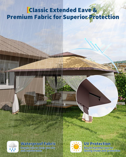 Garvee 12x12FT Pop Up Gazebo with Mosquito Netting, Outdoor Canopy Tent Easy Setup for Backyard Patio Garden Deck, Khaki & Coffee
