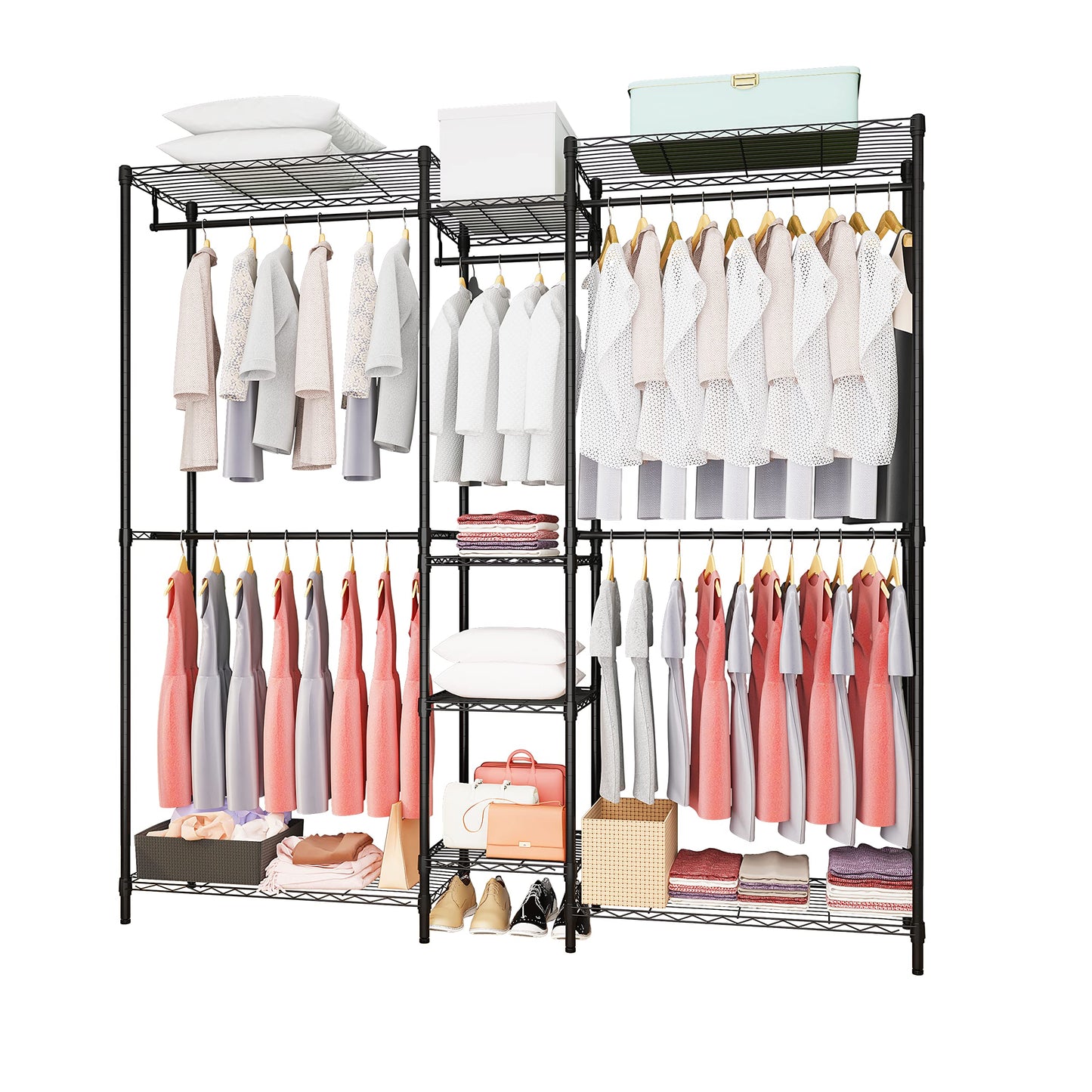 Serxis Heavy Duty Clothes Rack for Hanging Clothes, Metal Garment Rack，Large Capacity Portable Clothing Rack，Freestanding Open Wardrobe Organizer Rack, 67.0"L x 13.8"W x 75.6"H Max Load 720LBS, Black