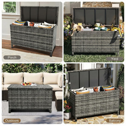 Wicker Deck Box, 125 Gallon All-Weather Outdoor Storage Box, Rattan Storage Bin for Patio Furniture, Outdoor Cushions, Pool Storage and Garden Tools, Grey