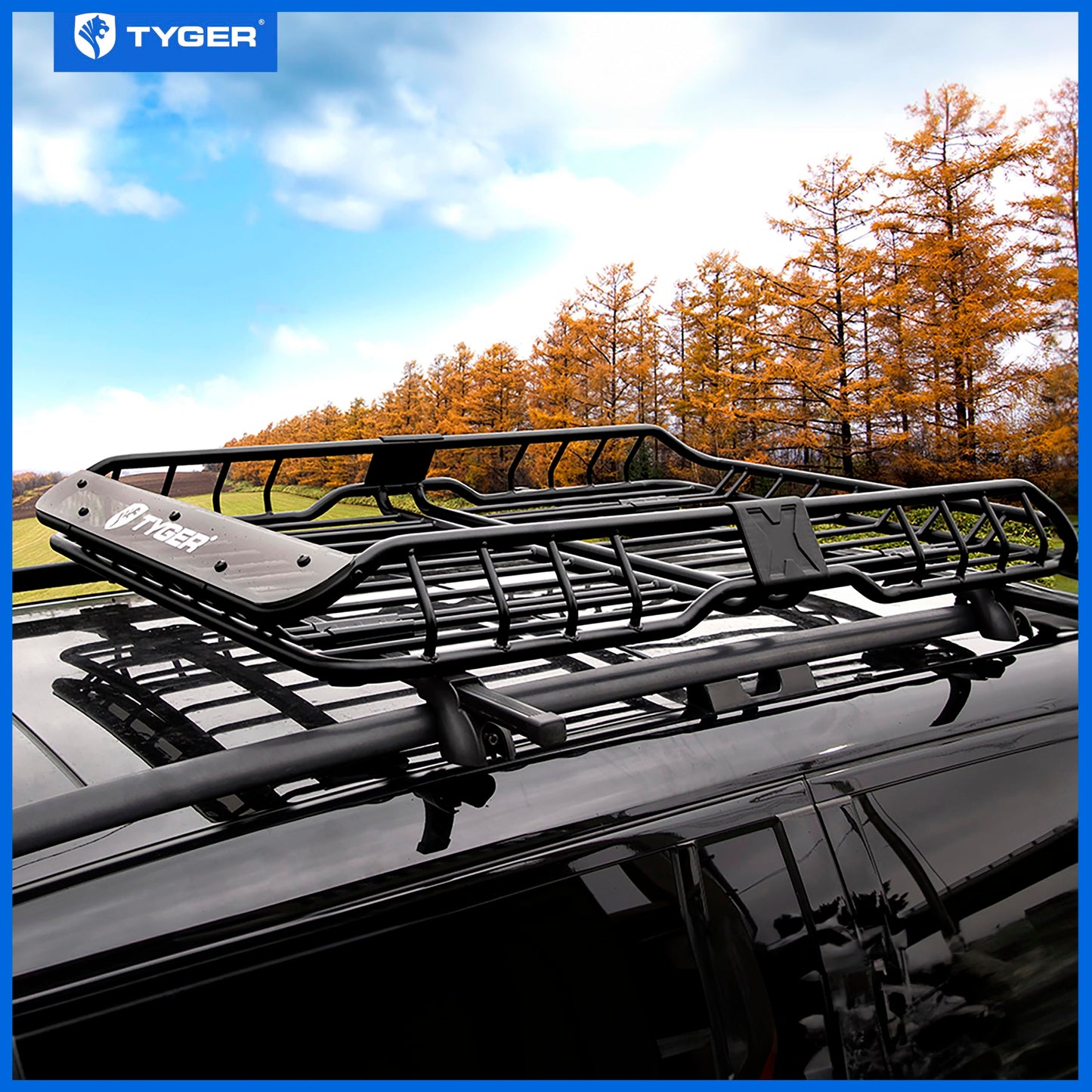 Tyger Auto TG-RK1B942B Heavy Duty Roof Mounted Cargo Basket Rack | L57.5 x W42 x H6 | Roof Top Luggage Carrier | with Wind Fairing, Black