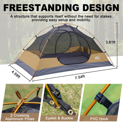 2 Person Backpacking Tent, Waterproof Windproof Two Person Tent, Lightweight Easy Setup 2 Man Tent for Camping, Hiking, Biking, Cycling, Motorbiking, Mountaineering - Khaki