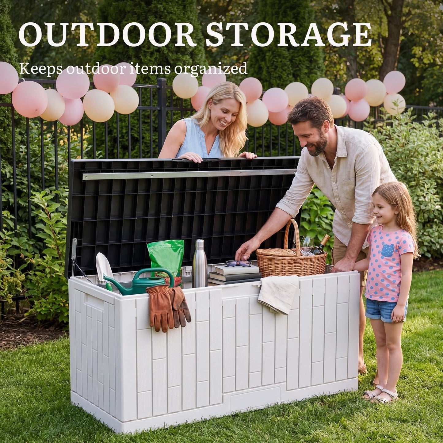YITAHOME 120 Gallon Outdoor Storage Deck Box, Large Resin Patio Storage with Slide-Locking Black Lid, 2-Person Bench Seat for Outdoor Pillows, Garden Tools & Pool-Supplies, Waterproof, Grayish-White