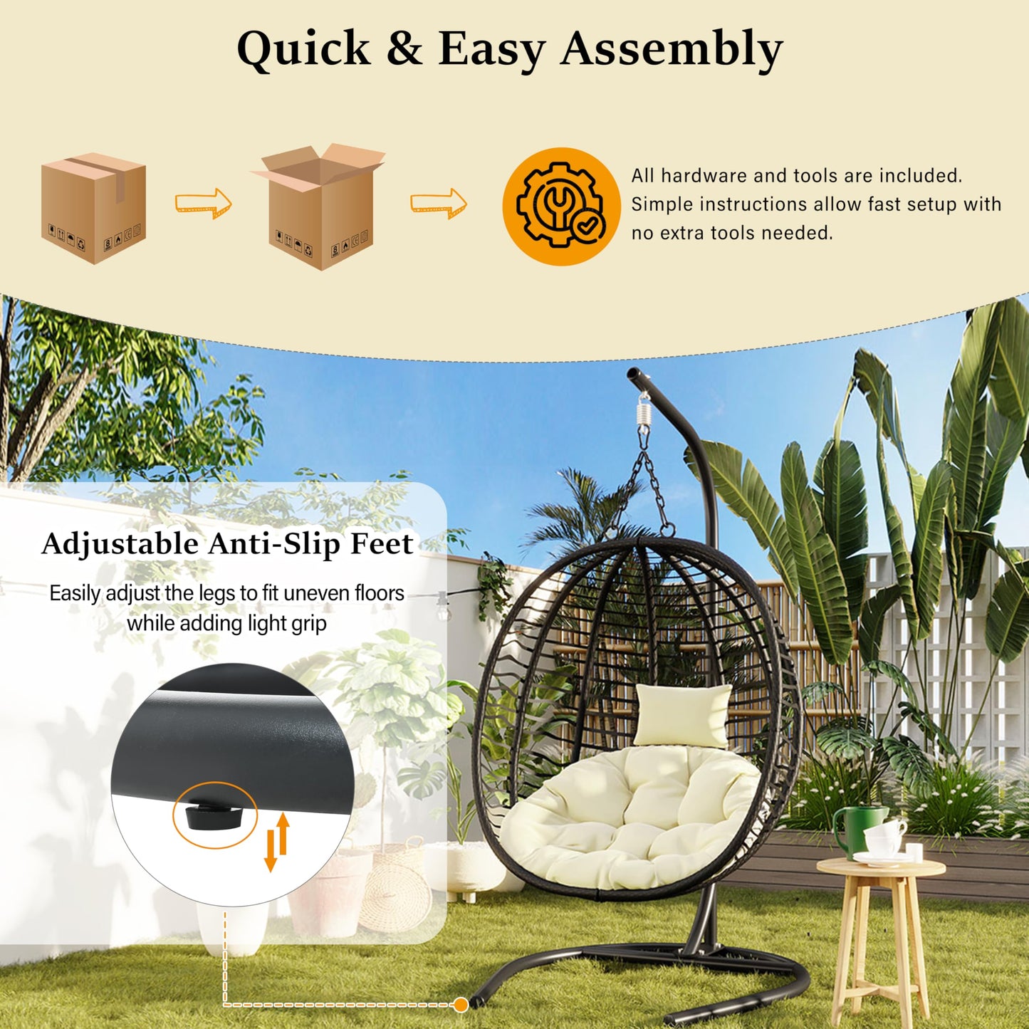 Merax Folding Hanging Egg Chair with Stand, Indoor Outdoor Wicker Hammock Swing Chair with Adjustable Anti-Slip Feet for Balcony, Bedroom, Garden