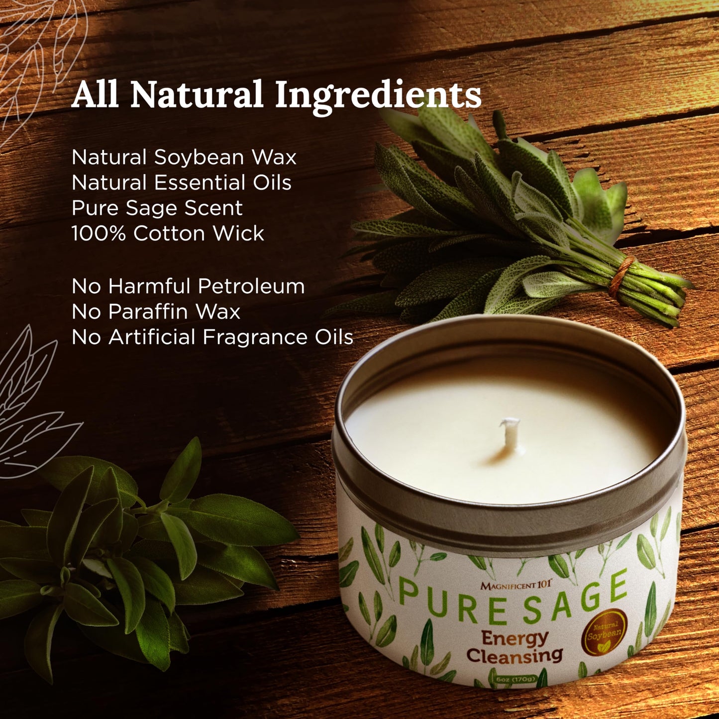 Magnificent 101 Long Lasting Pure White Sage Candle - 6 Oz - 35 Hour Burn Time - Organic, All Natural, Soy Candle to Cleanse Your Home & Calm, Soothe, Use with Sage Smudge Kit - Spiritual