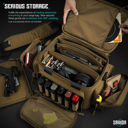 Savior Equipment Specialist Series Tactical Triple Pistol Shooting Range Hunting Duffle Bag Gun Carrying Case, Rigid Compartment Frame, Lockable Zippers (Dark FDE, 18" x 9" x 12" Range Bag)