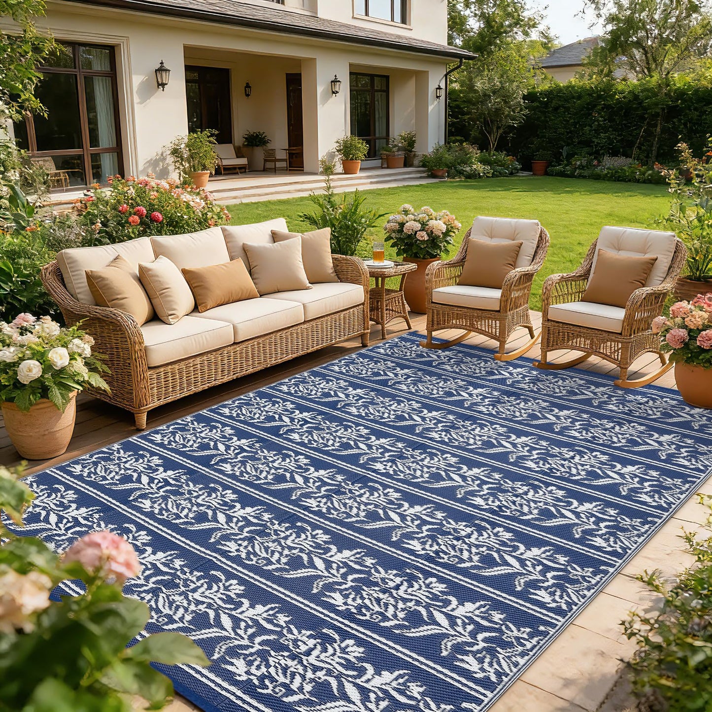 GarveeHome Outdoor Rug 9x18 Waterproof for Patio, Reversible Outdoor Plastic Straw Rug, Wallpaper Flower Indoor Outdoor Mat Carpet for RV, Camping, Deck, Backyard, Picnic, NavyWhite