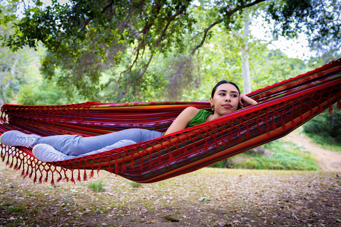 Boho Classic Hammock with Tassel, Handmade, Weather-Resistant, Hammock for Indoor & Outdoor, Lightweight Durable - for Patio, Porch, Backyard Lounging (Inti Red)