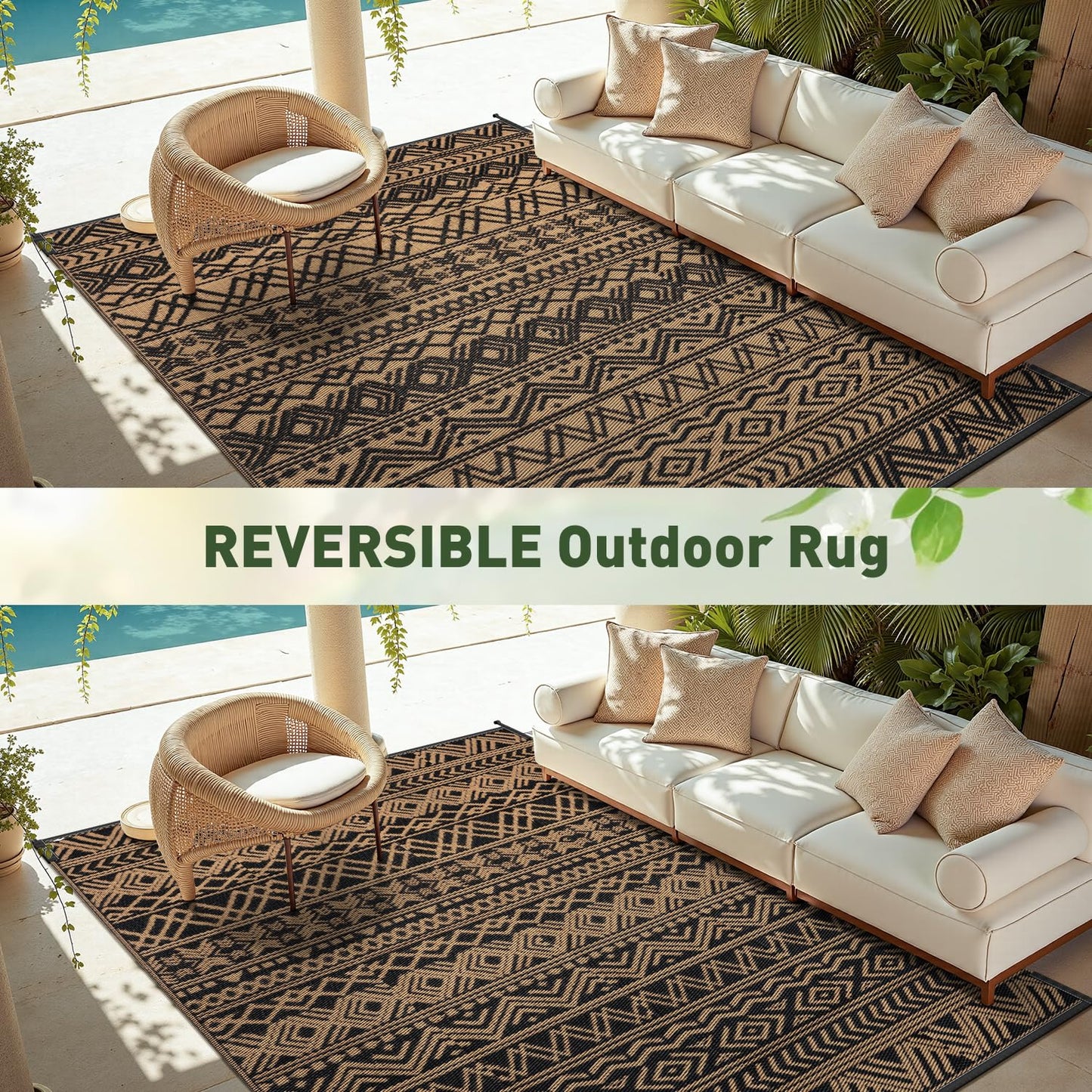 MontVoo Outdoor Rug Carpet Waterproof 9x12 Outdoor Patio Rug Mat Reverisble Plastic Straw Outdoor Rug for RV Camping Picnic Beach Balcony Boho Black Brown Large