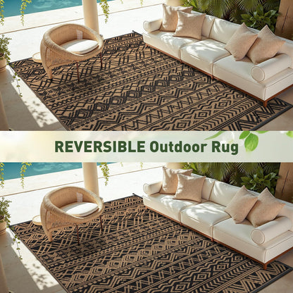 MontVoo Outdoor Rug Carpet Waterproof 9x12 Outdoor Patio Rug Mat Reverisble Plastic Straw Outdoor Rug for RV Camping Picnic Beach Balcony Boho Black Brown Large