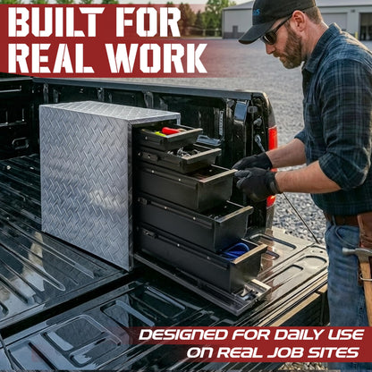 OLY-PRO Truck Bed Tool Box with 5-Drawer Slides | Lockable Heavy-Duty Tool Chest Storage for Pickup, Jobsite & Side Trucks | 8-Inch Toolbox with Key (Silver Aluminum)