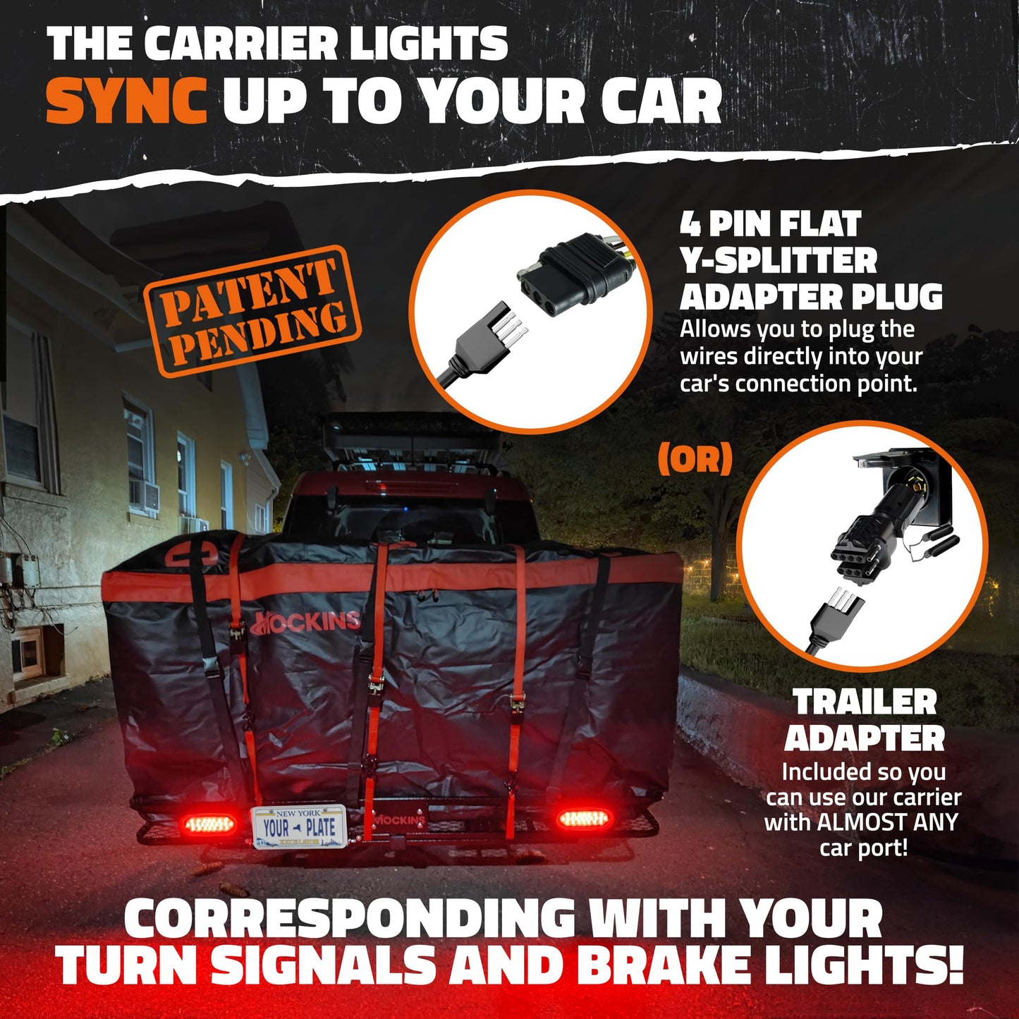 Mockins 70"x30"x6" XXL Folding Trailer Hitch Cargo Carrier w/Rear Lights, Plate Bracket & 40 CuFt Waterproof Cargo Bag for Hitch Carrier | 500 Lbs Cap Luggage Rack for SUV Car & Truck w/Accessories