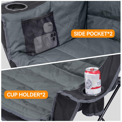 Huskfirm 3 Person Camping Chairs Folding Double Camping Chair Portable Oversized Loveseat Padded Camp Chair Heavy Duty Camping Couch for Adults Outdoor Lawn with Two Cup Holders and Carry Bag