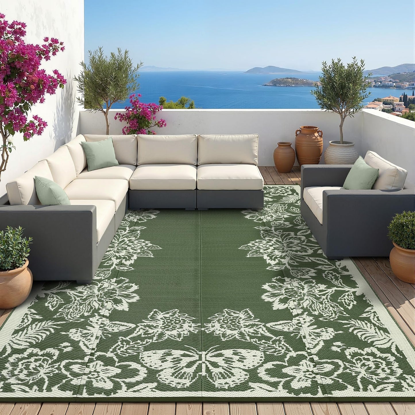 Garvee Outdoor Rugs 9' x 18’ Waterproof Reversible Mats, Large Area Plastic Straw Rug, Outside Carpet, Butterfly Floral Rv Mat for Patio Camping Picnic Backyard Deck Balcony Porch Beach Trailer