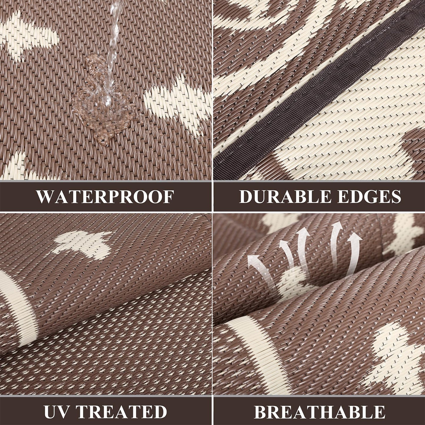 Pauwer Waterproof Outdoor Rug 10x14, Reversible Plastic Straw Patio Camping Rug, Indoor Outdoor RV Mat Carpet for Deck, Camper, Porch, Balcony, Backyard, Picnic, Bordered Brown