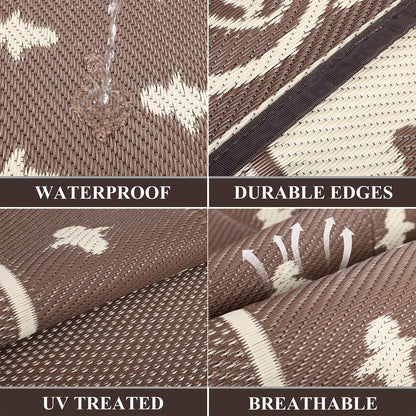 Pauwer Waterproof Outdoor Rug 10x14, Reversible Plastic Straw Patio Camping Rug, Indoor Outdoor RV Mat Carpet for Deck, Camper, Porch, Balcony, Backyard, Picnic, Bordered Brown