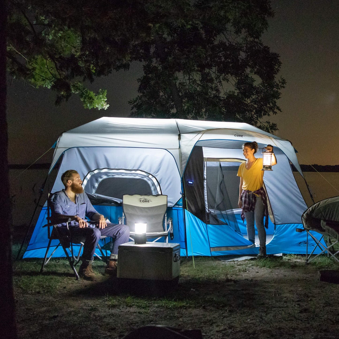 CORE 9 Person Instant Cabin Tent with LED Lights | Large Multi Room Family Lighted Pop Up Tent for 2 Minute Camp Setup | Included Storage Pockets for Camping Accessories