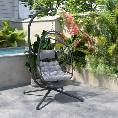Flash Furniture Cleo Indoor/Outdoor Patio Hanging Egg Chair - Gray Frame with Gray Seat Cushions - Black Powder Coated C-Style Stand - Hanging Hardware Included