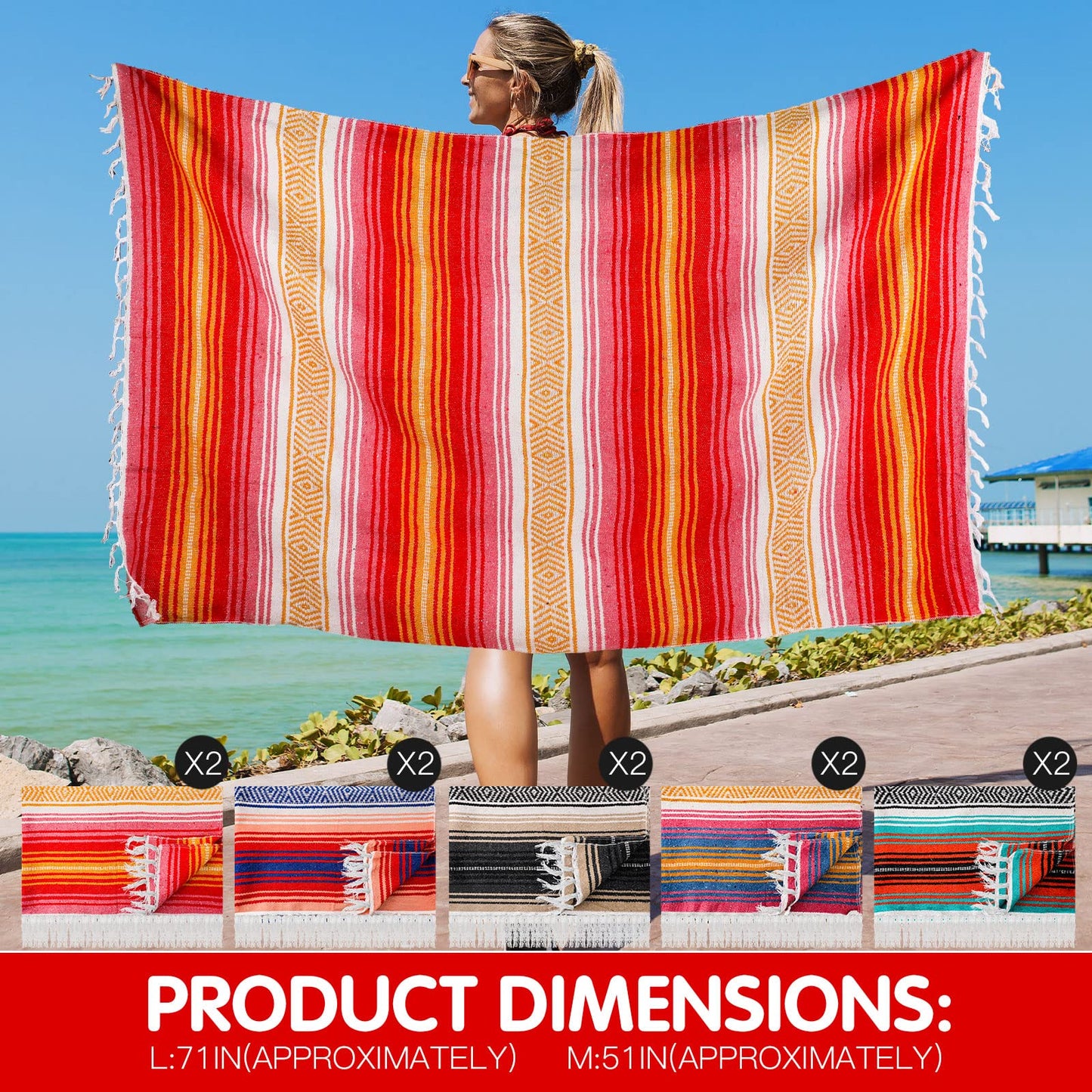 Haull 10 Pcs Large Mexican Blankets Bulk 51" x 71" Mexican Serape Blankets Yoga Authentic Throw Colorful Striped Falsa with Fringed for Outdoor Car Travel Camping Beach Picnic Patio Mat Towel