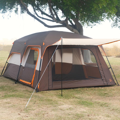 KTT Extra Large Tent 12 Person(A),Family Cabin Tents,2 Rooms,3 Doors and 3 Windows with Mesh,Straight Wall,Waterproof,Double Layer,Big Tent for Outdoor,Picnic,Camping,Family Gathering(Brown)