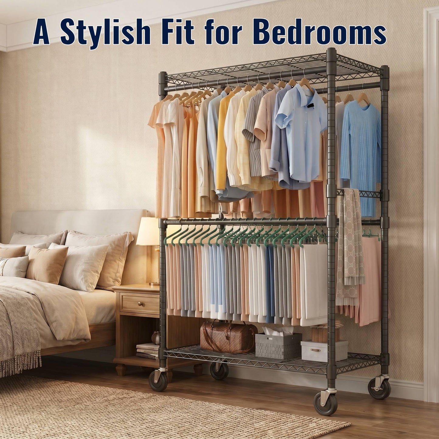 Homdox Heavy Duty Rolling Clothes Rack, Adjustable Clothing Rack for Hanging Clothes, Portable Closet Rack with 4 Hanging Rods, 2 Storage Shelves, 35.5" W x 20.5" D x 80" H, Black